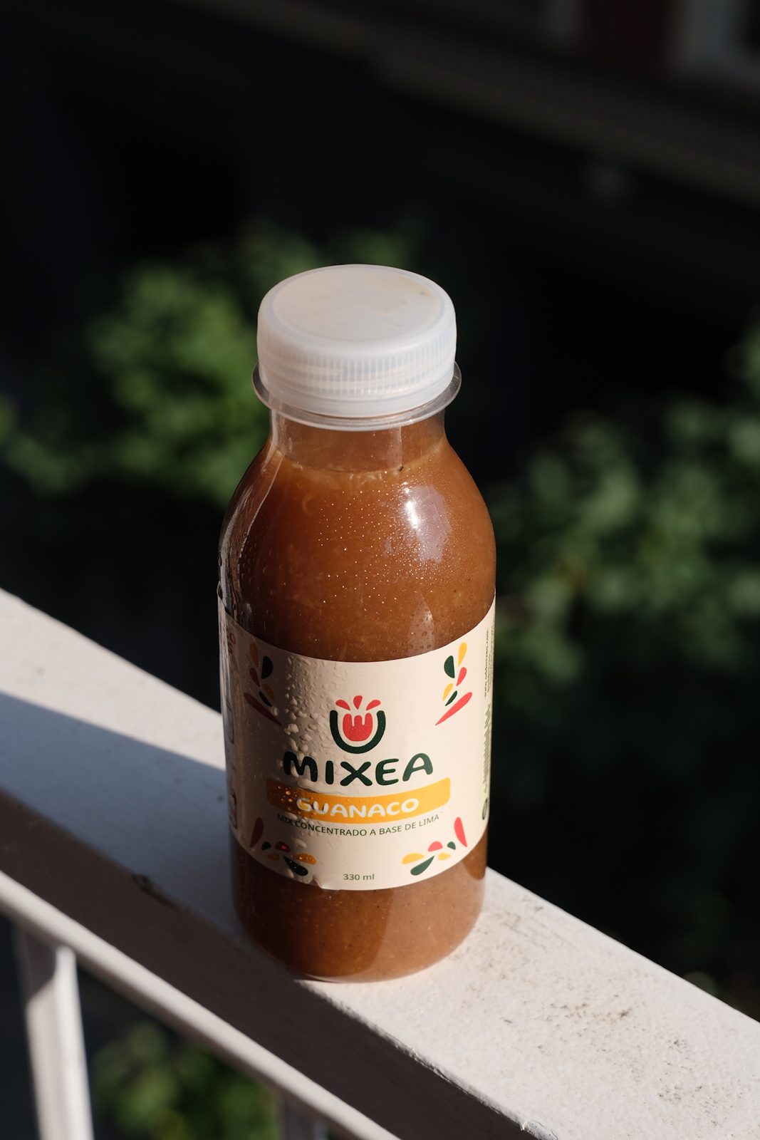 Botella de Mixea El Guanaco al sol